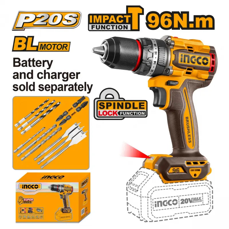 INGCO 20V Brushless Cordless Impact Drill 96Nm CIDLI209681