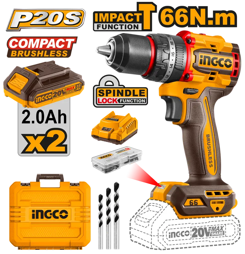 Cordless Impact Drill 20V 66Nm Brushless Compact Kit