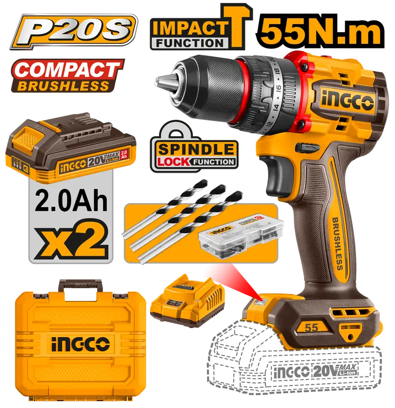 Cordless Impact Drill 55Nm Brushless 20V Compact Kit